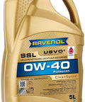 SSL 0W-40 Fully Synthetic Motor Oil, 5 Liter, USVO Technology For Slick Cold Starts And Solid Fuel Savings, Superior Viscosity Stability, OEM Approvals Included, front view of gold container with blue cap.
