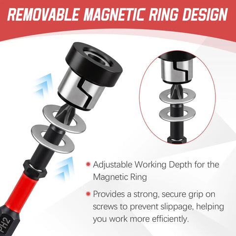 Heavy Duty Premium Top Tier Magnetic Drywall Screw Setter Bits With Adjustable Depth Stop showing removable magnetic ring design.