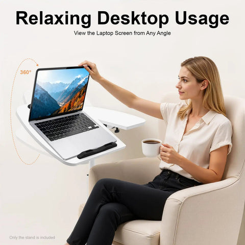 Adjustable Height Rolling Standing Desk With Locked Down Casters And Swivel Surface Lightweight Mobile Laptop Table For Home Office Over Bed No Sweat Assembly Slick White Finish, used by a woman sitting in a chair with coffee.