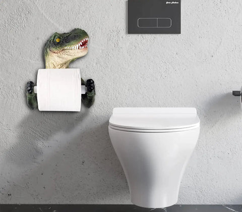 Dino Themed Toilet Paper Holder Adhesive Wall Mount Funny Kid Friendly Bathroom Decor Easy Install Roll Holder next to toilet