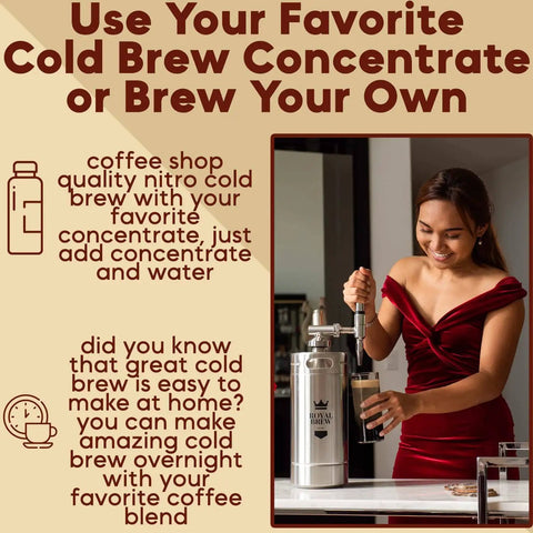 Woman using Nitro Cold Brew Coffee Maker Kit With 128 Oz Extra Large Keg And Nitrogen System For Home Baristas Dispenser Kit For Smooth Frothy Cold Brew Ideal Gift For Coffee Lovers in kitchen