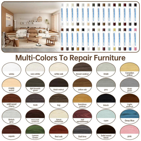 Color Matching Wood Filler Sticks Kit With 30 Assorted Wax Crayons And 2 Scrapers For Furniture Repair Great For Baseboards Cabinets And Floors Easy DIY Wax Putty For Scratches Dents And Veneer Repair, showing available colors and finished repair example.
