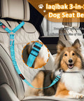 Heavy Duty Dog Seat Belt Harness For Car With Adjustable Reflective Bungee Leash And Headrest Restraint on a dog in a car.