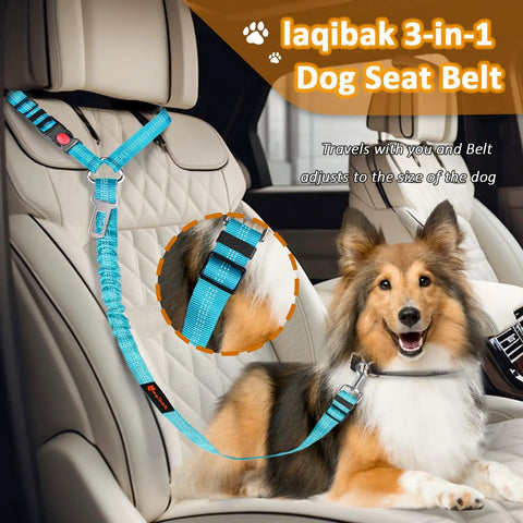 Heavy Duty Dog Seat Belt Harness For Car With Adjustable Reflective Bungee Leash And Headrest Restraint on a dog in a car.