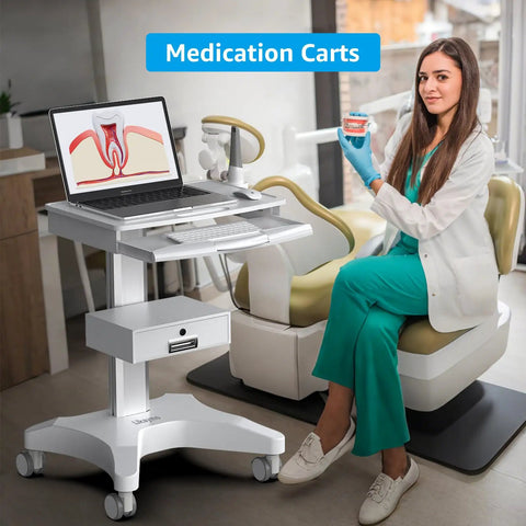 Mobile Medical Trolley Cart With Laptop Tray And Oral Scanner Holder, 360 Degree Locking Wheels, Drawer, And Mobile Workstation On Wheels for dental clinics.