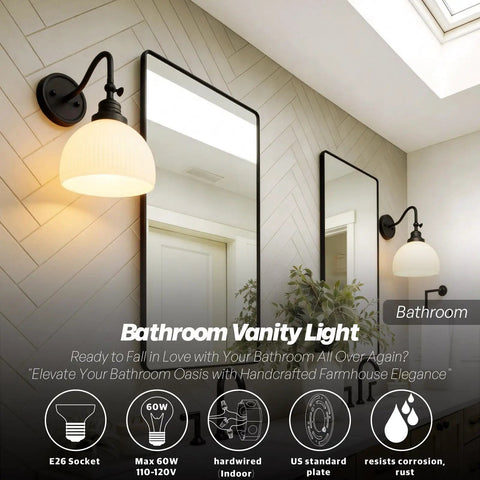 SongCiLT Vintage Wall Sconce 1-Light with White Striped Glass Globe Shade displayed beside a mirror in a modern bathroom setting.