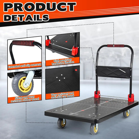 Heavy Duty Folding Platform Cart With Silent TPR Wheels, Straight Up Heavy Dolly For Moving And Garage Hauling, Hella Smooth Handcart Built For Daily Warehouse Grinds with detailed parts.