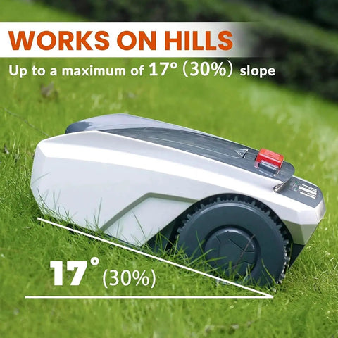 Smart Robotic Lawn Mower With App Control And Mapping on a slope demonstrating 17-degree hill capability