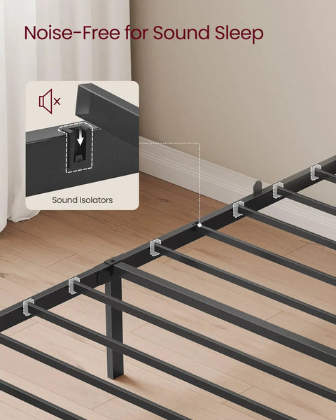 Solid Twin Bed Frame With Hella Comfy Upholstered Headboard And Sleek Metal Footboard Modern Bedroom Essentials close-up of sound isolators on metal frame