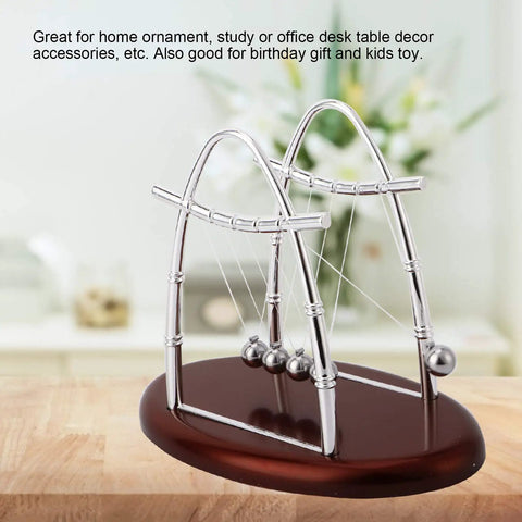 Newton Cradle Desk Toy With Clinking Pendulum Balls Calming Stress Relief For Home Office Decor Educational Gift For Students And Kids Ideal Desk Accessory For Focus, Breaks, And Chill Mindful Learning; silver pendulum balls on wooden base