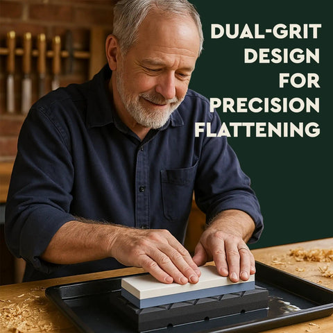 Man using Dual Grit Diamond Whetstone Flattening Stone For Coarse And Fine Surfaces Diamond Groove Whetstone Flatness Tool.