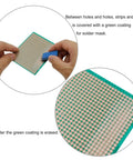 Hands holding 70mm By 90mm Copper Strip PCB Board With 884 Holes Perfboard For Soldering Prototyping Testing And DIY Repairs On Fiberglass Base