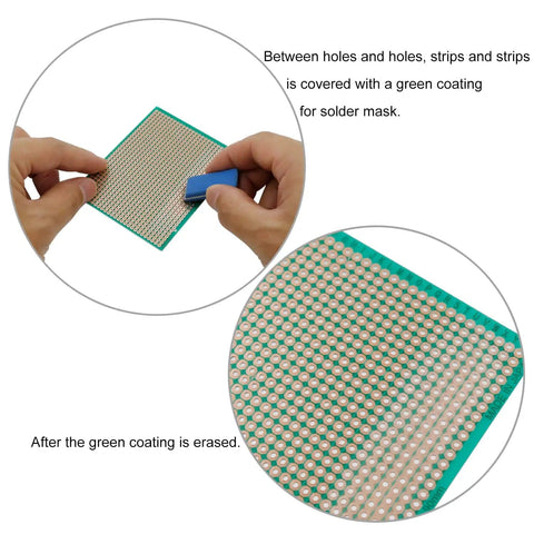 Hands holding 70mm By 90mm Copper Strip PCB Board With 884 Holes Perfboard For Soldering Prototyping Testing And DIY Repairs On Fiberglass Base