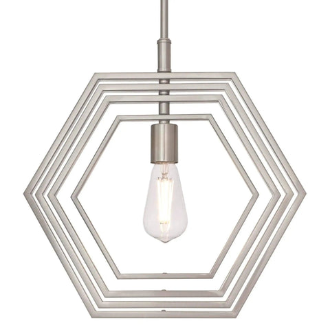 Holly One-Light Indoor Pendant In Brushed Nickel Finish, 15-Inch Metal Ceiling Light with hexagon ring design, sloped ceiling compatible