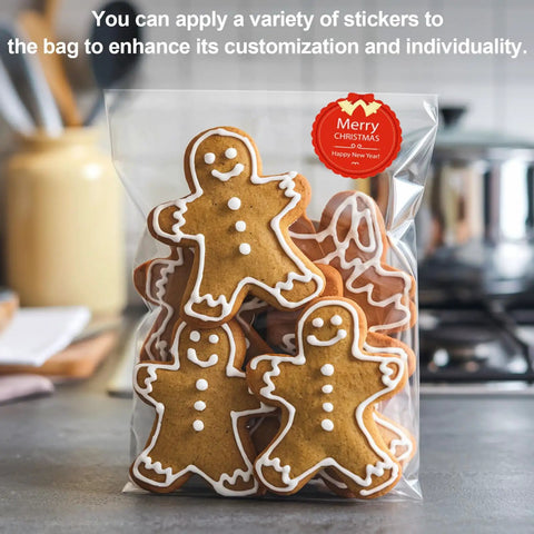 Clear Self Sealing Cellophane Bags 5x7 Inches filled with decorated gingerbread cookies, featuring Christmas sticker decoration.