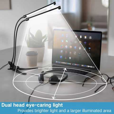 Dual Head LED Desk Lamp With Clamp, Eye Care Three Color Modes, Five Level Dimming, Clip On Light Showing 360 Degree Coverage