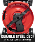 Self Propelled 21 Inch Gas Lawn Mower With 170cc OHV Engine, rear view of red durable steel deck.
