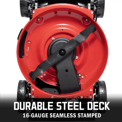 Self Propelled 21 Inch Gas Lawn Mower With 170cc OHV Engine, rear view of red durable steel deck.