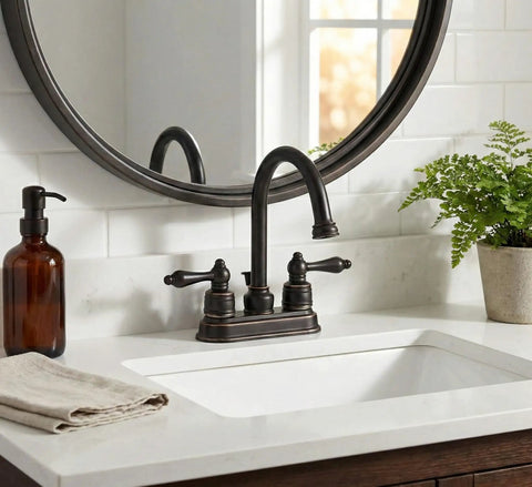 Oil Rubbed Bronze Two Handle Lavatory Vanity Faucet With Matching Pop Up Drain And Trim Assembly on bathroom sink