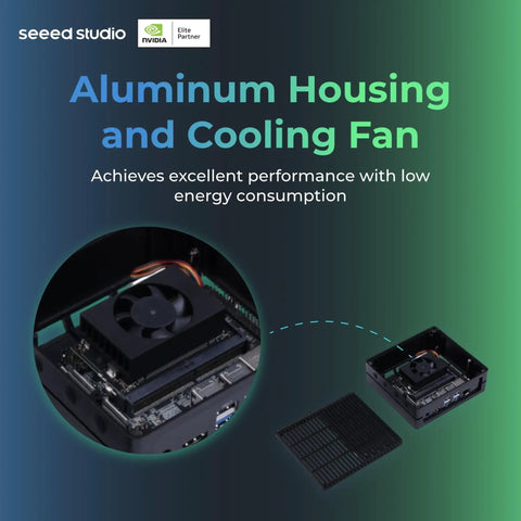 Jetson Orin NX Edge AI Powerhouse aluminum housing cooling fan detail, showing interior layout