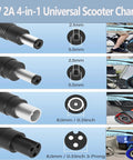 Image showing tips of Versatile 42V 2A Scooter Charger With Four Tips For Your Rides 5.5X2.1Mm, 5.5X2.5Mm, 8Mm 3 Prong, and RCA.