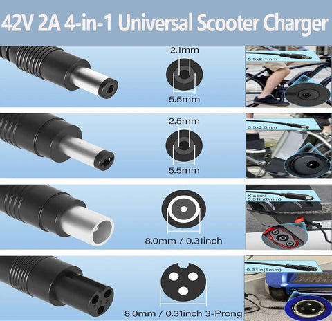 Image showing tips of Versatile 42V 2A Scooter Charger With Four Tips For Your Rides 5.5X2.1Mm, 5.5X2.5Mm, 8Mm 3 Prong, and RCA.