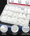 197 Piece White Plastic Bolt Covers Set For Hex Bolts M4 To M12 Protective Caps displayed in an open case with multiple compartments
