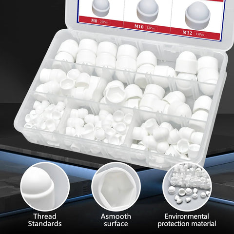 197 Piece White Plastic Bolt Covers Set For Hex Bolts M4 To M12 Protective Caps displayed in an open case with multiple compartments