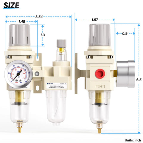 2 In 1 Oil And Air Regulator Filter With Lubricator Cup And Gauge, 1/4 Inch NPT Inlet, 1/8 Inch Gauge Port, 0-145 PSI, side dimensions