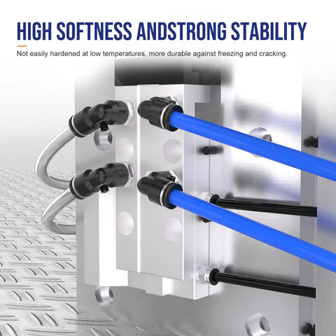 5/32 Inch OD Air Hose Kit With 4mm Tubing Blue 32.8Ft/10M Industrial Air Line Bundle connected to compressor block