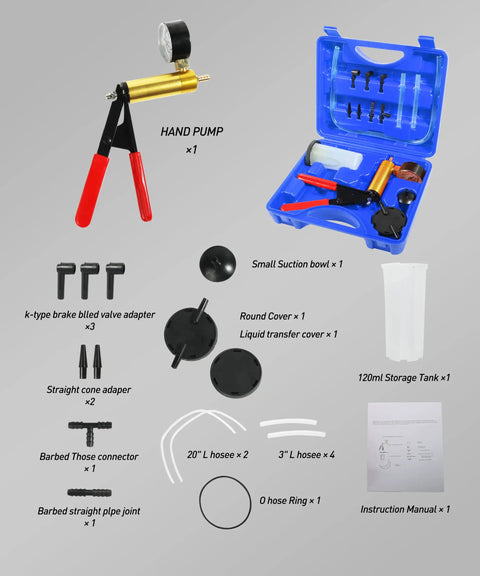 Universal Brake Bleeder Kit With Handheld Vacuum Pump And Full Adapter Tray Shop Approved Tool components, showcasing the toolkit and accessories.