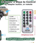 Remote and adapter for Lit 165Ft Ultra Long Copper Wire String Lights With 500 LEDs, showing 8 modes and 4 brightness levels.