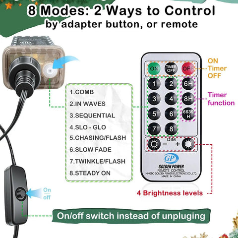 Remote and adapter for Lit 165Ft Ultra Long Copper Wire String Lights With 500 LEDs, showing 8 modes and 4 brightness levels.