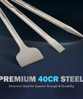 Beefy SDS Max Chisel Set With Shanks 3 Piece Rotary Hammer Bit Kit showing flat, point, and scaling chisels on 40CR steel surface