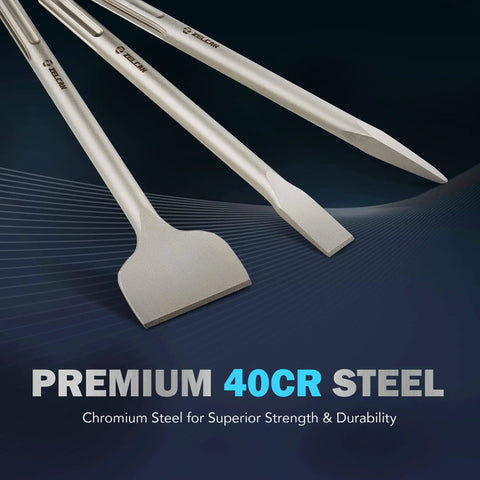 Beefy SDS Max Chisel Set With Shanks 3 Piece Rotary Hammer Bit Kit showing flat, point, and scaling chisels on 40CR steel surface