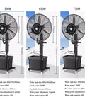 Solid Heavy Duty Outdoor Misting Fan With Oscillating Airflow And Integrated Water Chiller For Patios Yards And Really Large Versatile Commercial Cool Down Zones, three sizes displayed.