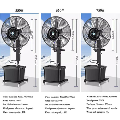 Solid Heavy Duty Outdoor Misting Fan With Oscillating Airflow And Integrated Water Chiller For Patios Yards And Really Large Versatile Commercial Cool Down Zones, three sizes displayed.