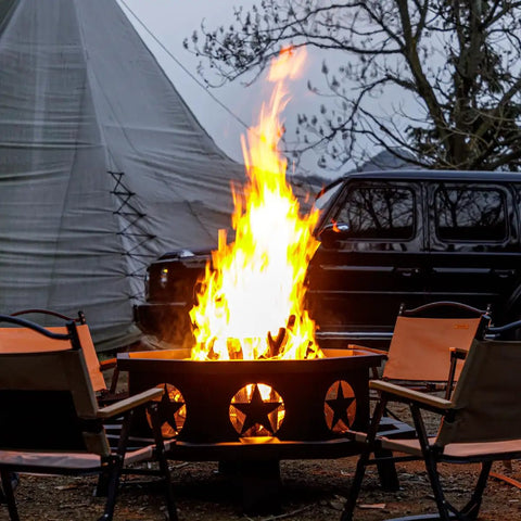 42 Inch Outdoor Fire Pit With Heavy Duty Wood Burning Design, Octagonal Patio Campfire Pit set up near tents and chairs