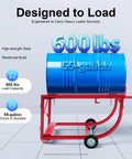 Heavy Duty Drum Cradle For 55 Gallon Oil Barrels supports up to 600 lbs with blue barrel on red steel frame, showcasing capacity and design.