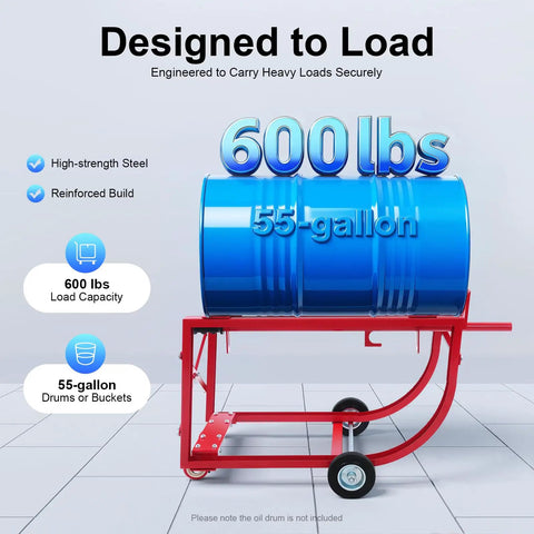 Heavy Duty 55 Gallon Drum Dolly With Wheels 600 Lbs Capacity Steel Plant Dolly For Moving Barrels Rust Resistant And Corrosion Proof Retractable Drawbar For Easy Loading And Unloading Workhorse Pro Grade red steel dolly holding 55-gallon drum