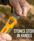 Person holding Two Stage Diamond Sharpener With 4 Inch Double Sided Stone For Knives Hooks And Pointed Tools, stones stored in handle