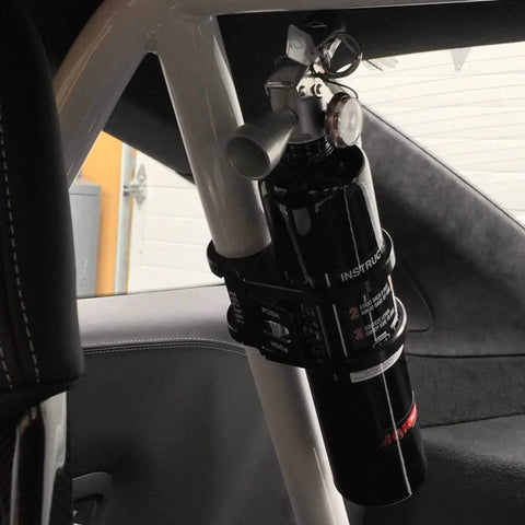One Hand Quick Release Fire Extinguisher Roll Bar Mount For 1.50 To 2.00 Inch Roll Bars Black Finish in vehicle