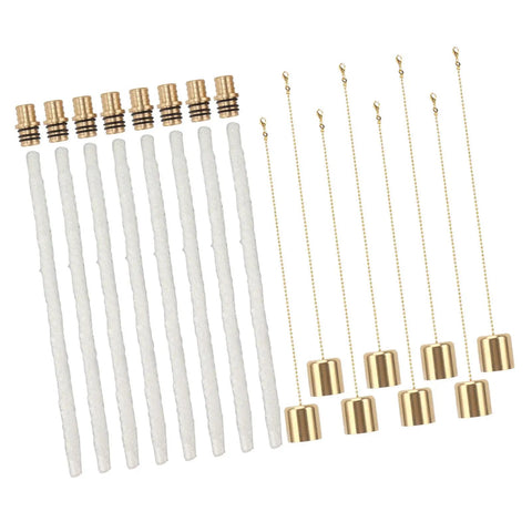 Components of Wine Bottle Torch Kit With Brass Wick Holders And Copper Caps, displayed in an overhead view with eight fiberglass wicks.