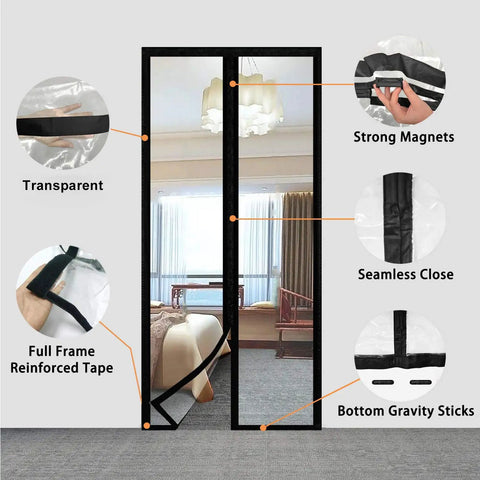 Transparent Magnetic Insulated Curtain for Screen Door with strong magnets and seamless closure shown in a bedroom setting.