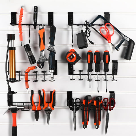 Six Piece Slatwall Screwdriver Holders Set With Three Styles And Two Sizes For Garage Shop And Retail Displays Includes 12 Hook Style 7.5 x 1.77 Inches And 6 Ring And 4 Ring Styles 9 x 2.17 Inches Black