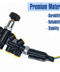 Beefed Up Universal Brake Proportioning Valve And Mounting Bracket Line Kit With Adjustable Dial Control showing durable black finish and connection fittings.