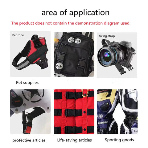 Image showing the use of Heavy Duty Quick Side Release Buckle For Backpack Straps Built Tough Adjustable Plastic Clip Fasteners Durable Snap Buckle Clasp Fits 15mm 20mm 25mm 32mm 38mm 51mm Webbing Black for pet rope, fixing strap on a camera, safety gear, and sporting equipment.