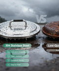 Beefy Round 19.7 Inch Fire Pit Lid With 304 Stainless Steel Build next to a rusted lid in rainy outdoor setting