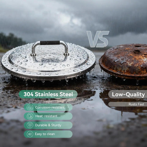 Beefy Round 19.7 Inch Fire Pit Lid With 304 Stainless Steel Build next to a rusted lid in rainy outdoor setting