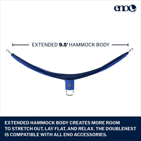 DoubleNest Lightweight Camping Hammock For 1 To 2 People With 400 Lb Capacity, 9.5 Ft Long, Royal Navy color fully extended
